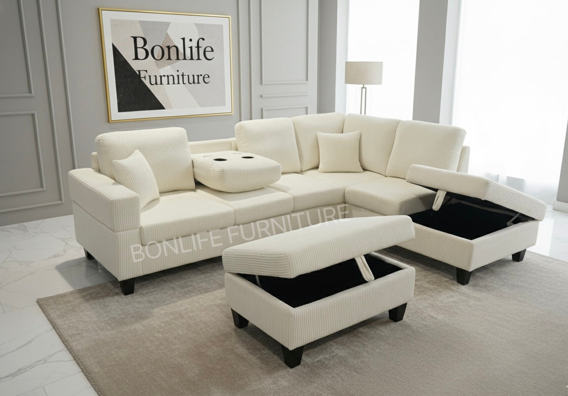 Modern Corduroy Sectional Sofa with Storage Chaise, Storage Ottoman & Drop-Down Cup Holders-D2510