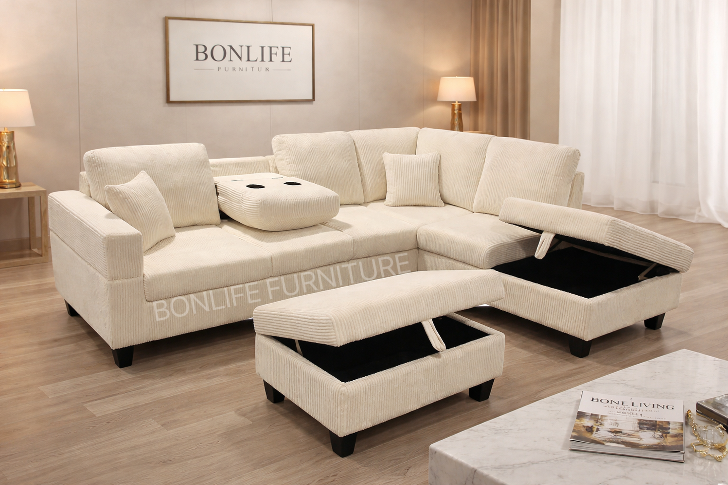 Modern Corduroy Sectional Sofa with Storage Chaise, Storage Ottoman & Drop-Down Cup Holders-D2510