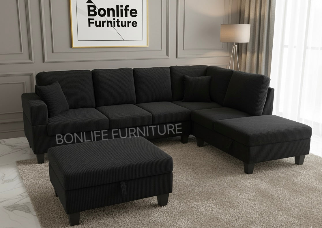 Modern Corduroy Sectional Sofa with Storage Chaise, Storage Ottoman & Drop-Down Cup Holders-D2510
