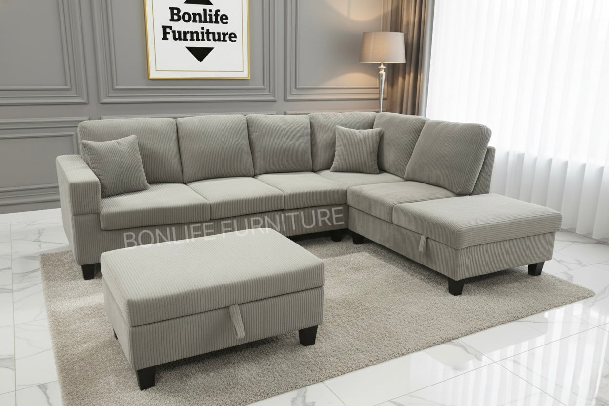 Modern Corduroy Sectional Sofa with Storage Chaise, Storage Ottoman & Drop-Down Cup Holders-D2510