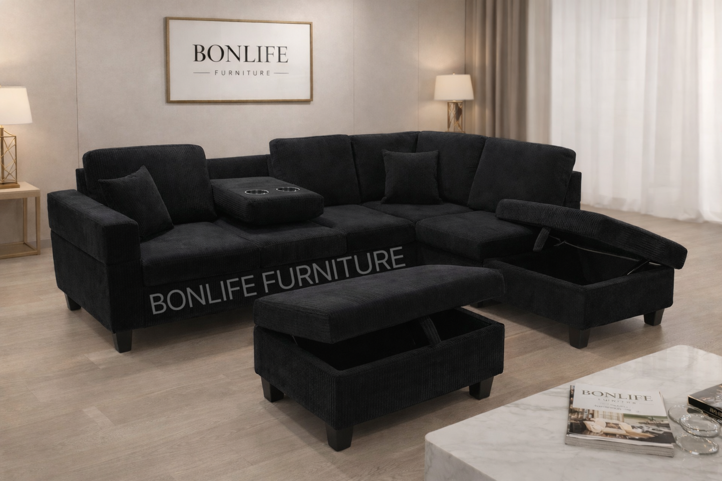 Modern Corduroy Sectional Sofa with Storage Chaise, Storage Ottoman & Drop-Down Cup Holders-D2510