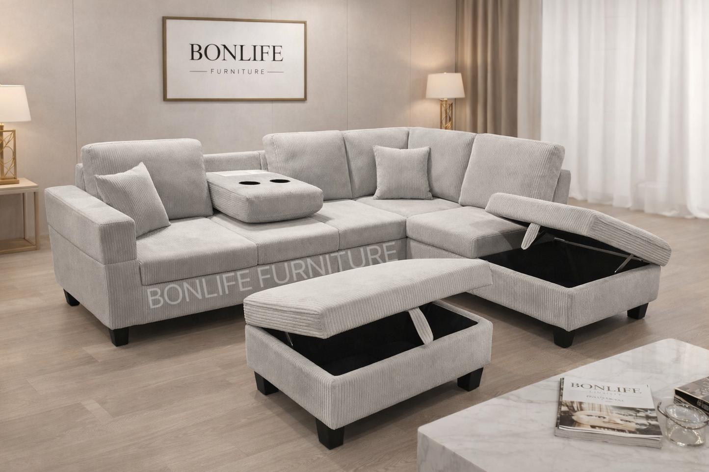 Modern Corduroy Sectional Sofa with Storage Chaise, Storage Ottoman & Drop-Down Cup Holders-D2510