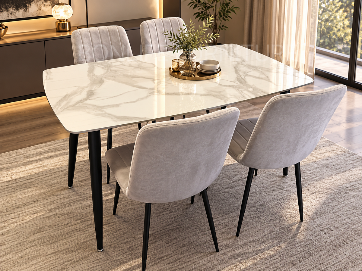 5-Piece Sintered Stone Dining Table Set with 4 Grey Velvet Chairs-S237G