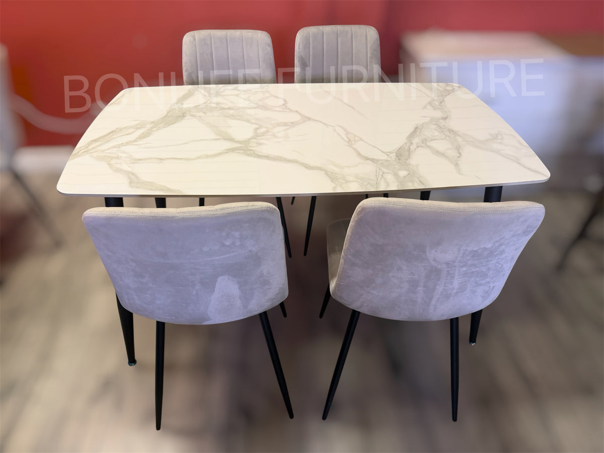 5-Piece Sintered Stone Dining Table Set with 4 Grey Velvet Chairs-S237G