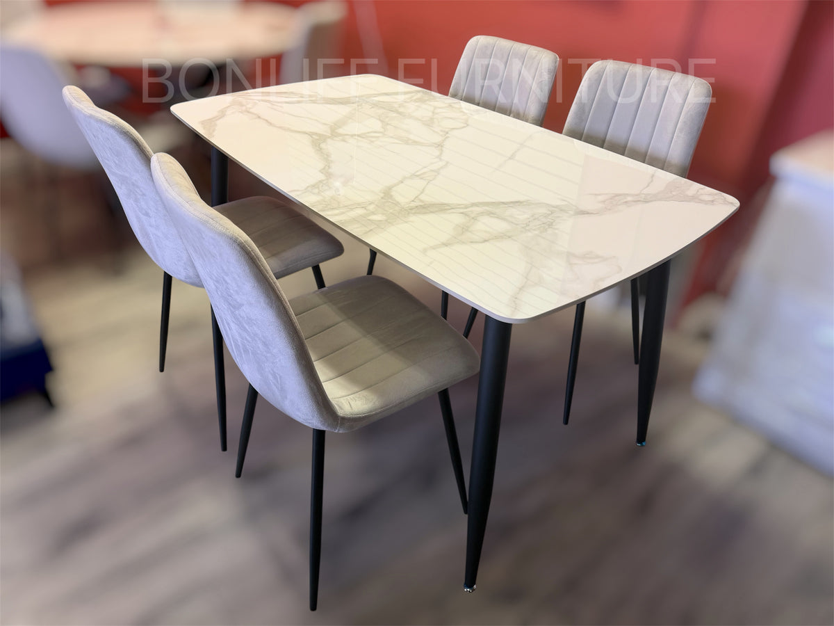 5-Piece Sintered Stone Dining Table Set with 4 Grey Velvet Chairs-S237G
