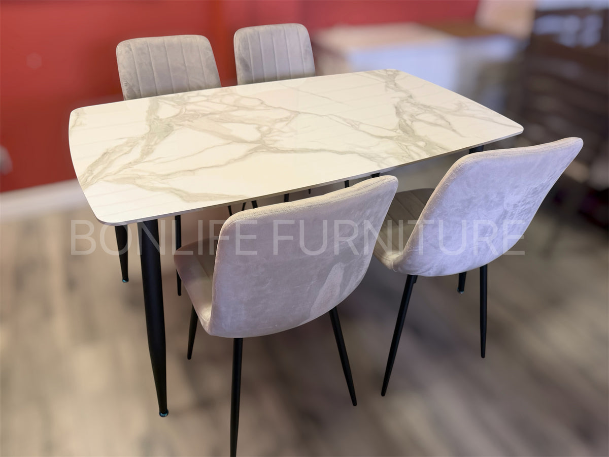 5-Piece Sintered Stone Dining Table Set with 4 Grey Velvet Chairs-S237G