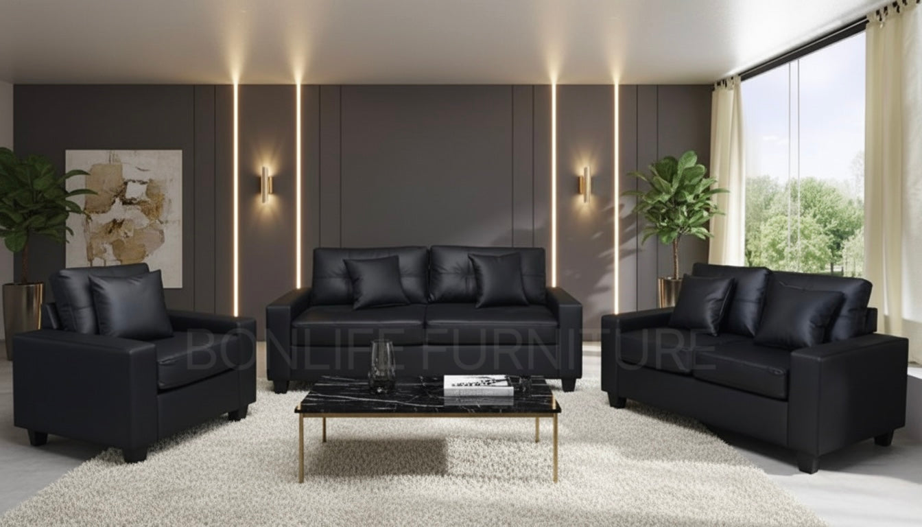 Modern Black PU Leather 3-Piece Sofa Set-WHITNEY