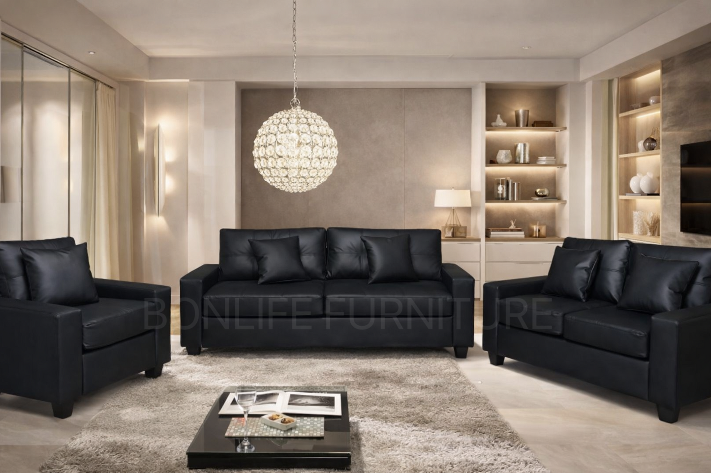Modern Black PU Leather 3-Piece Sofa Set-WHITNEY