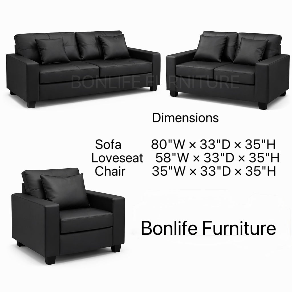 Modern Black PU Leather 3-Piece Sofa Set-WHITNEY