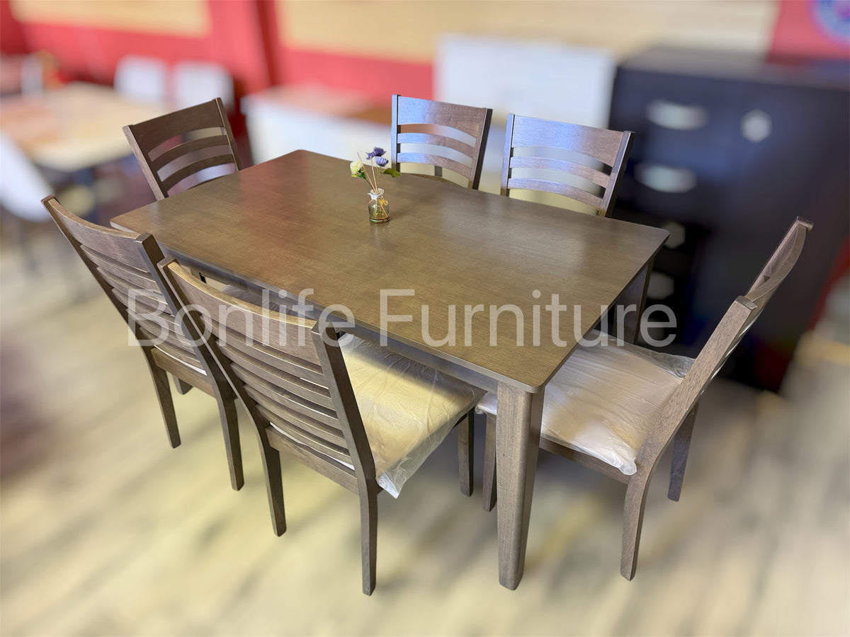 7-Piece Antique Grey Solid Wood Dining Set with 6 Ladder Back Chairs -I1080