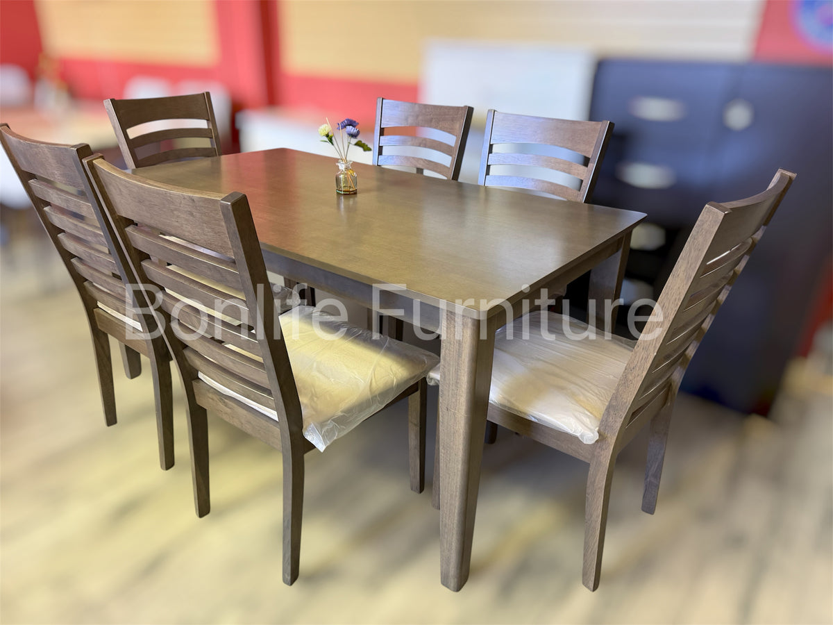 7-Piece Antique Grey Solid Wood Dining Set with 6 Ladder Back Chairs -I1080