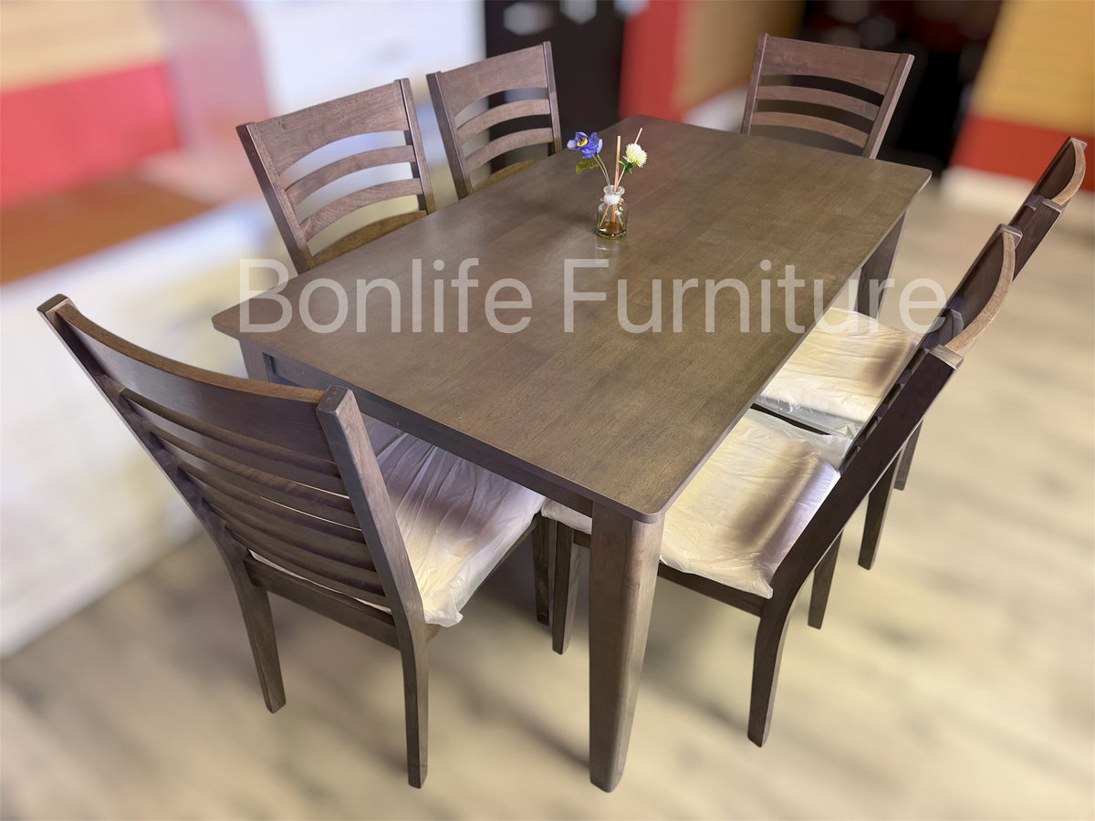 7-Piece Antique Grey Solid Wood Dining Set with 6 Ladder Back Chairs -I1080