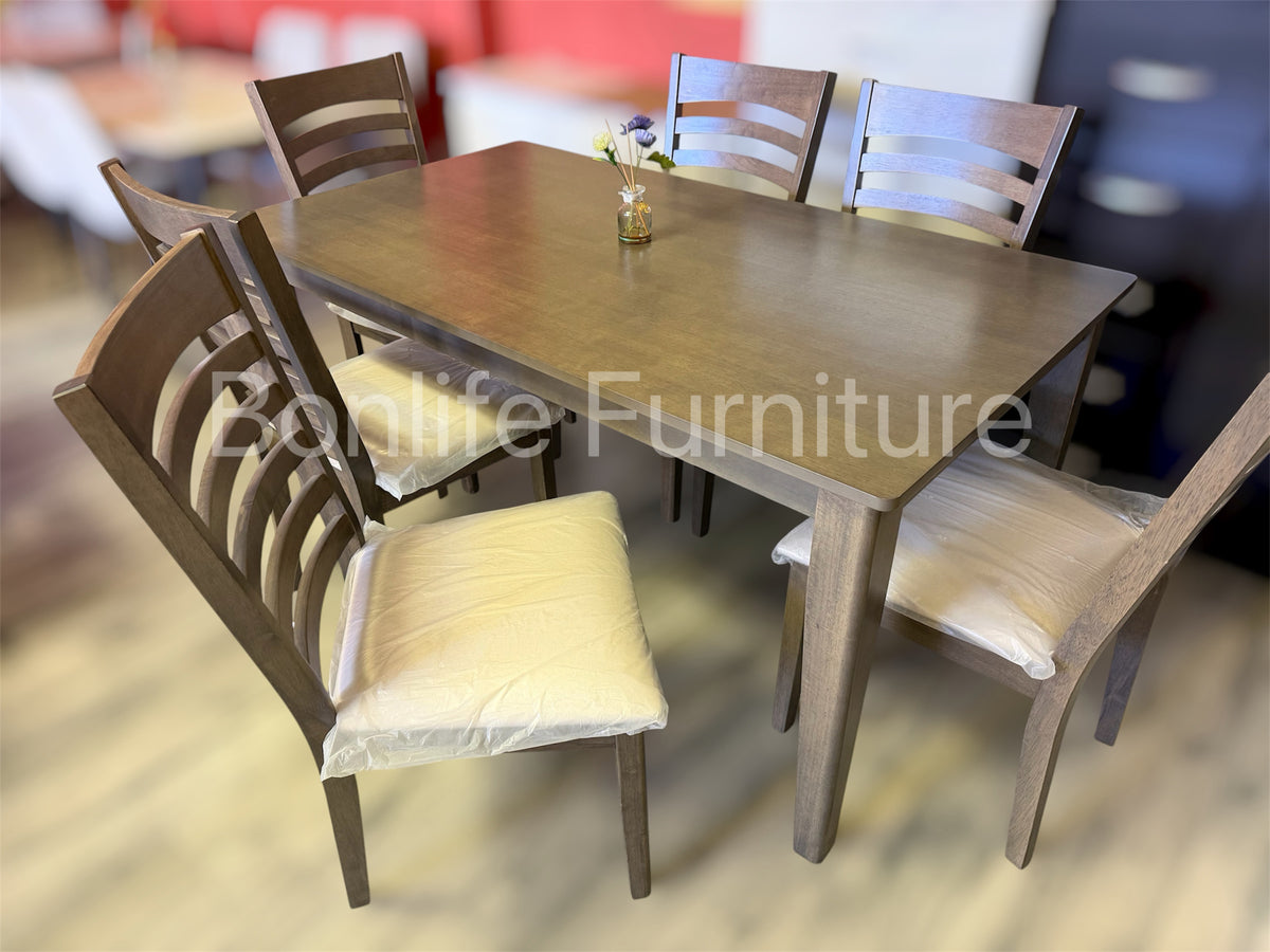 7-Piece Antique Grey Solid Wood Dining Set with 6 Ladder Back Chairs -I1080
