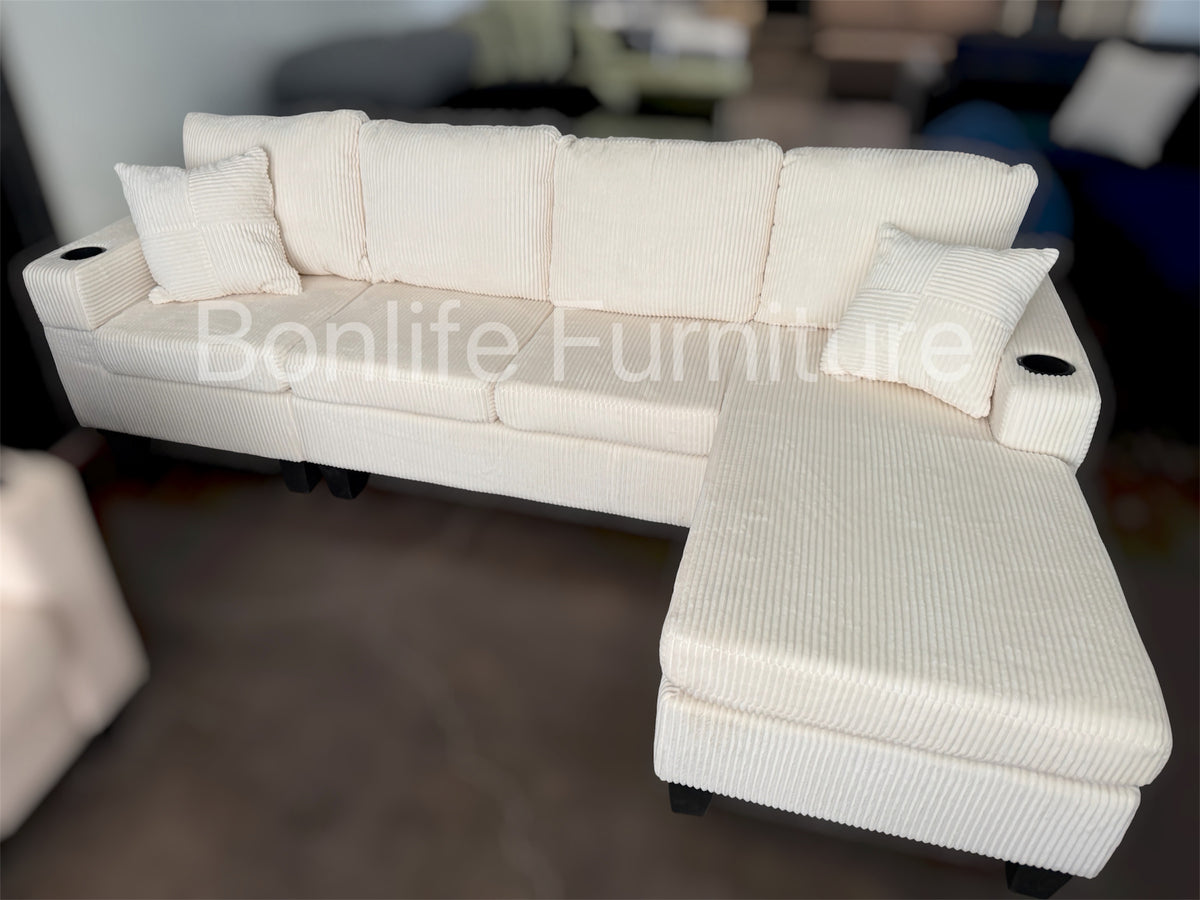 Modern Corduroy Sectional Sofa with Cup Holders-D2511
