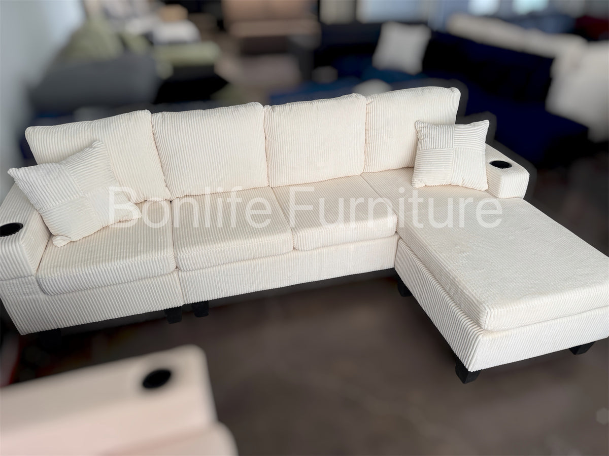 Modern Corduroy Sectional Sofa with Cup Holders-D2511