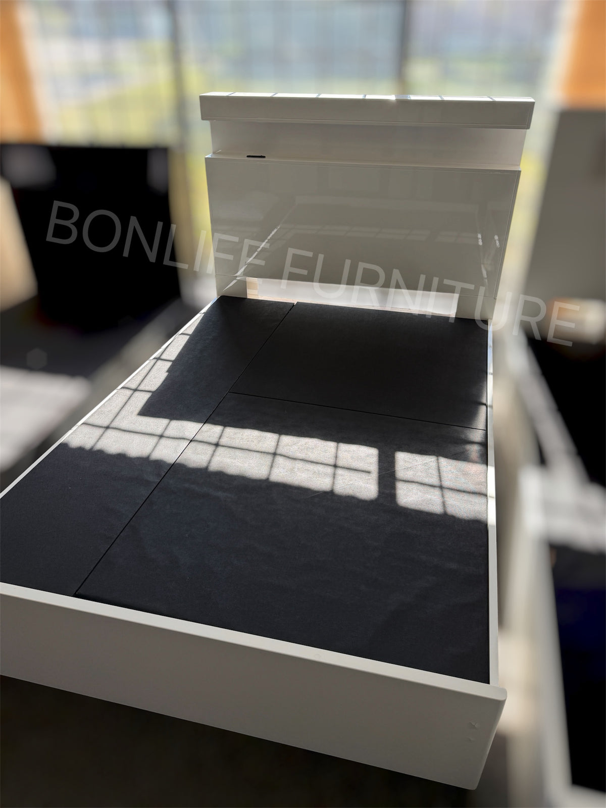 Modern White Piano Lacquer Platform Bed Frame with LED Headboard & Storage Drawers | CRADLE