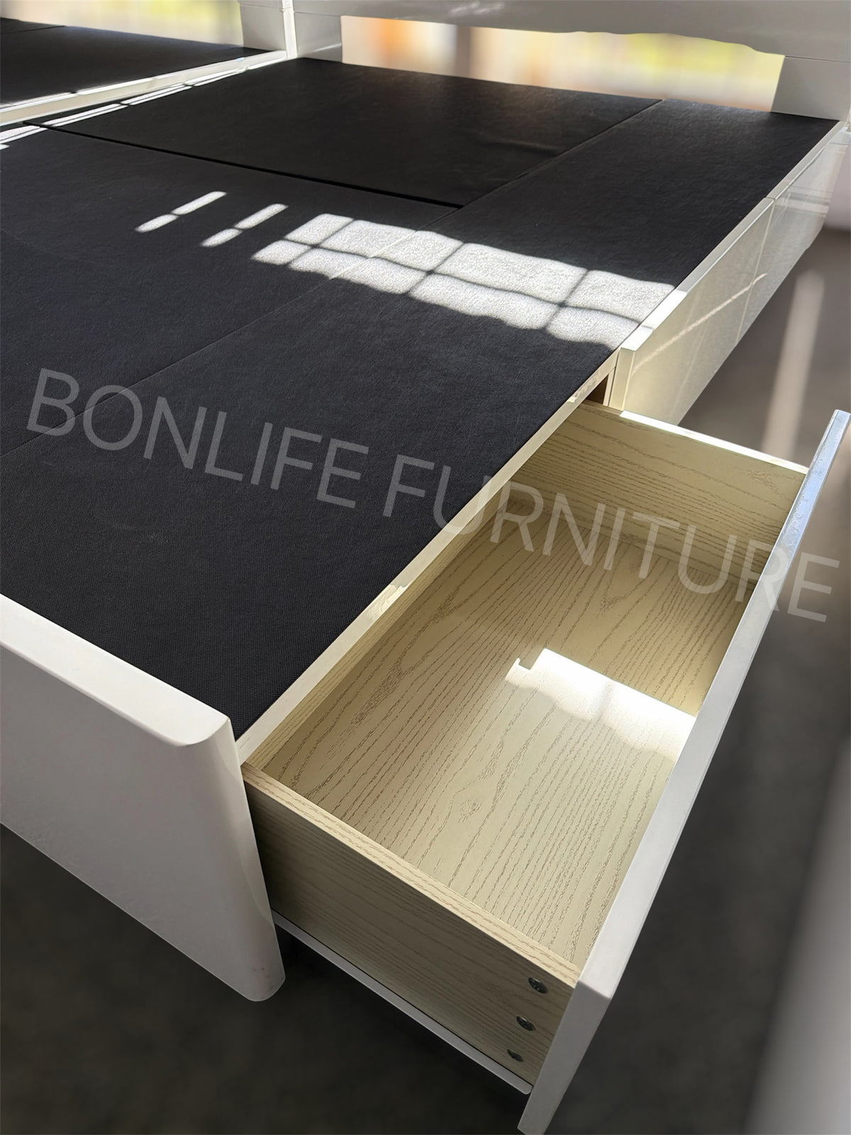 Modern White Piano Lacquer Platform Bed Frame with LED Headboard & Storage Drawers | CRADLE