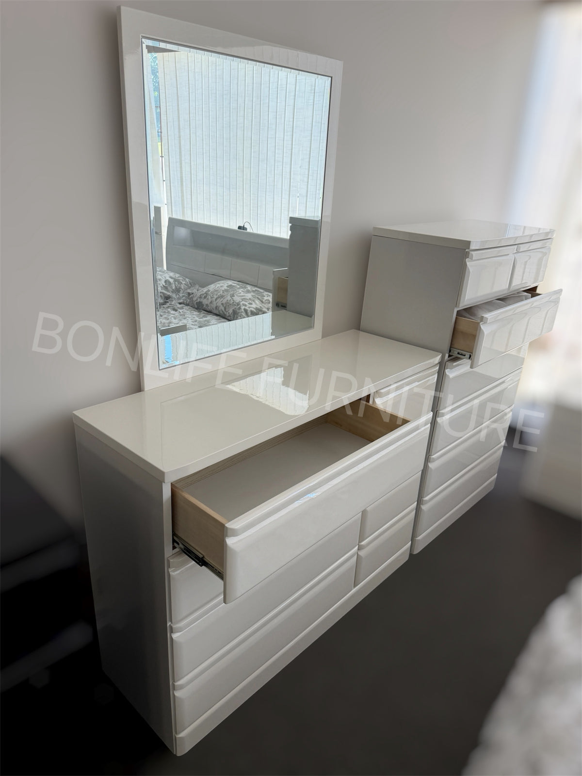 White Piano Lacquer Bedroom Furniture Collection – Storage Bed, Dresser, Chest & Nightstand Sold Separately-Kurara