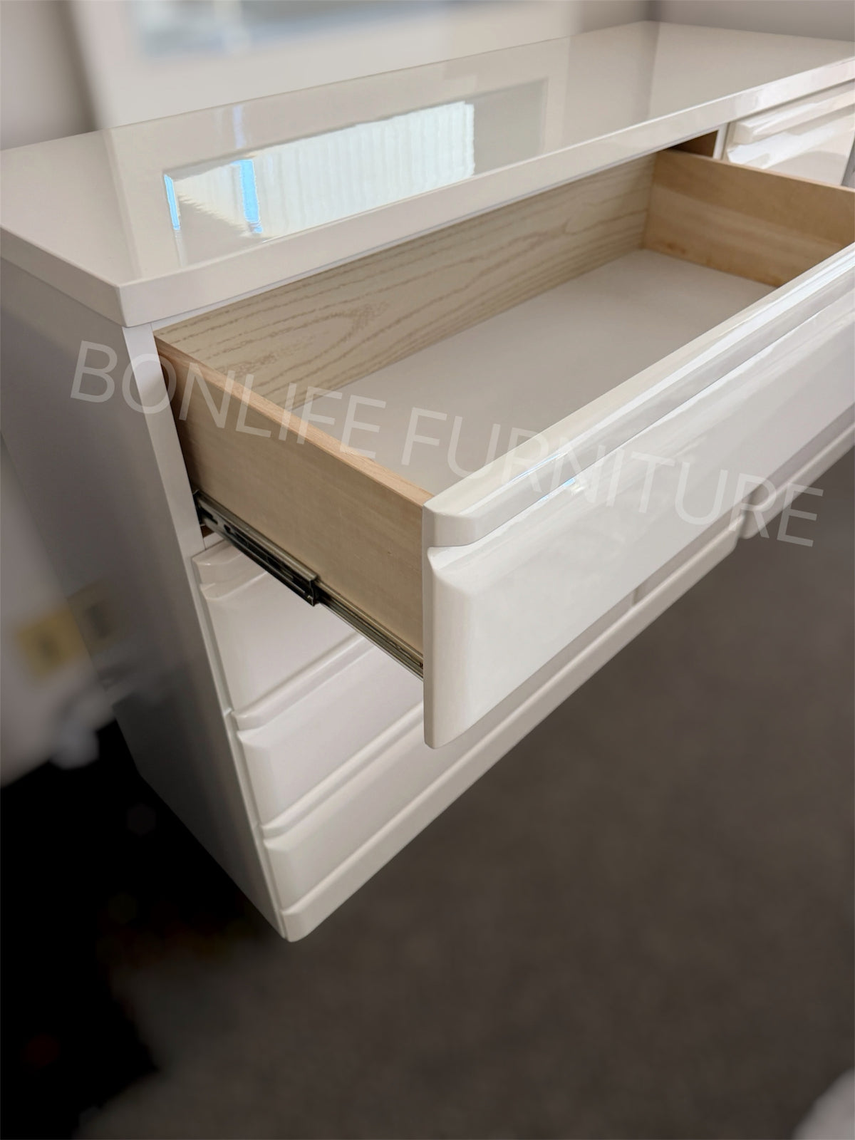 White Piano Lacquer Bedroom Furniture Collection – Storage Bed, Dresser, Chest & Nightstand Sold Separately-Kurara
