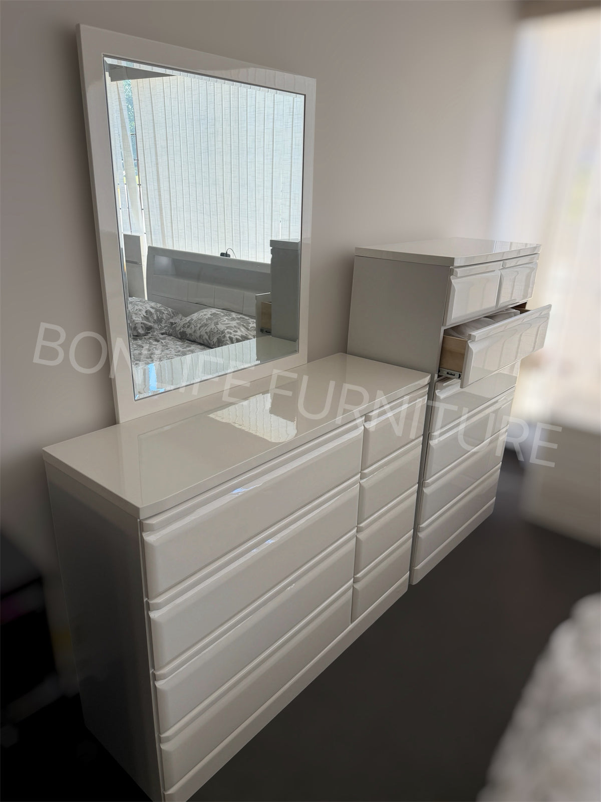 White Piano Lacquer Bedroom Furniture Collection – Storage Bed, Dresser, Chest & Nightstand Sold Separately-Kurara
