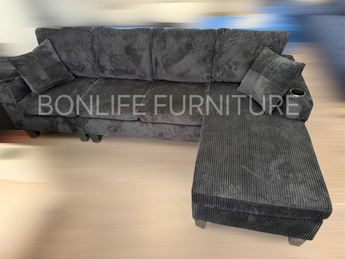 Modern Corduroy Sectional Sofa with Cup Holders-D2511