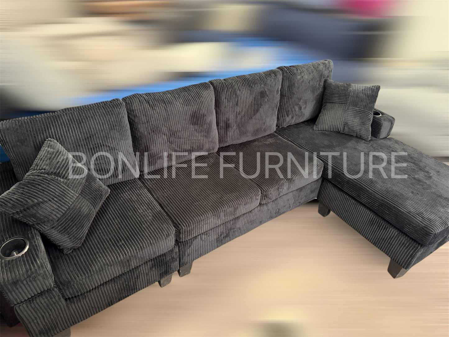 Modern Corduroy Sectional Sofa with Cup Holders-D2511