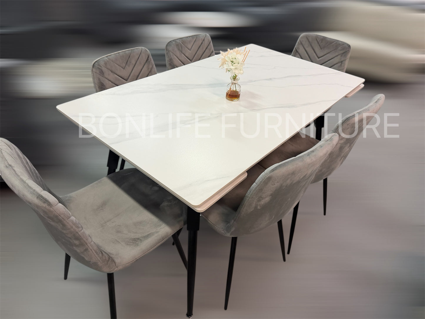 Extendable Sintered Stone Dining Table Set with Grey Velvet Chairs-I1818
