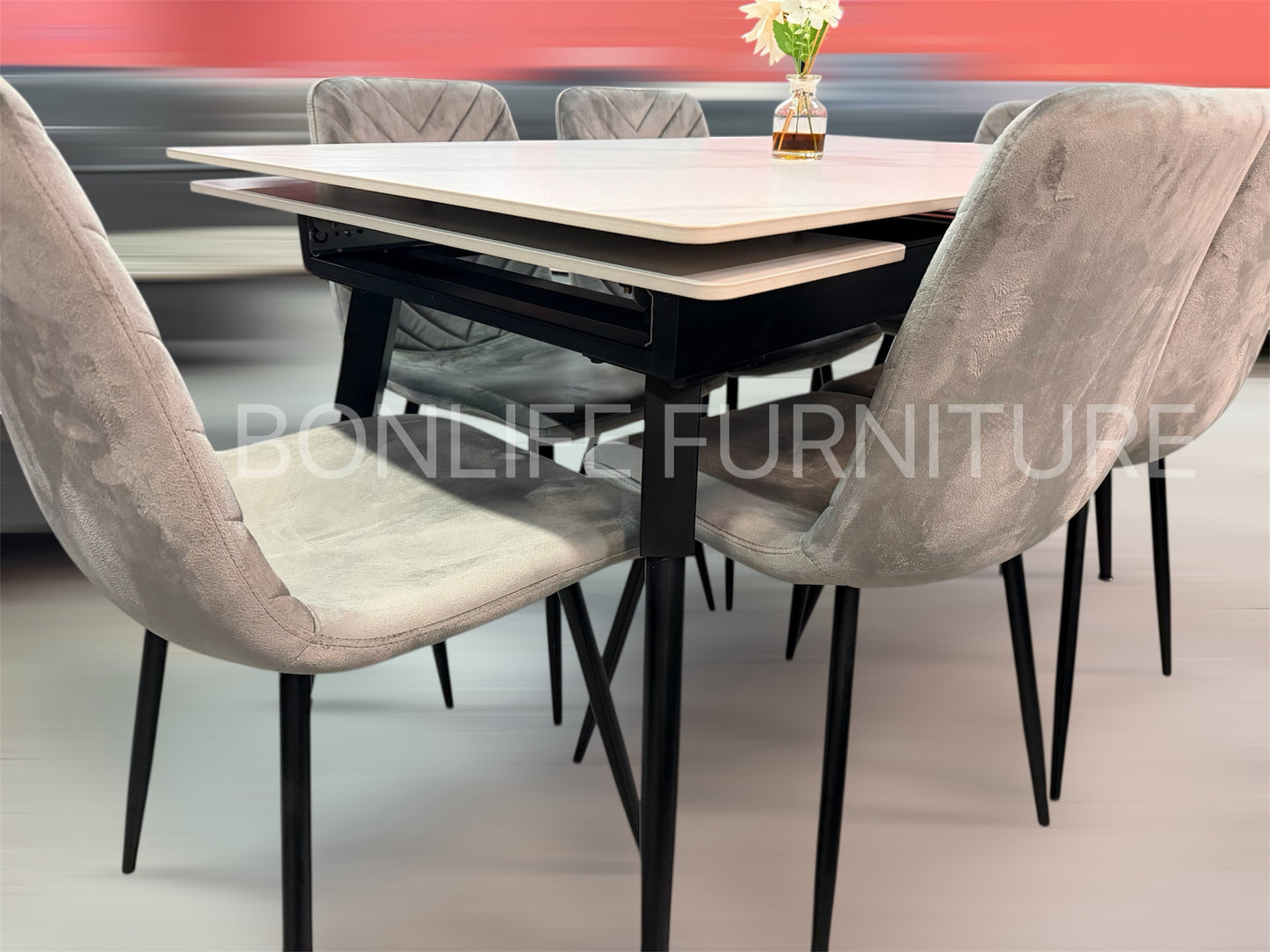 Extendable Sintered Stone Dining Table Set with Grey Velvet Chairs-I1818