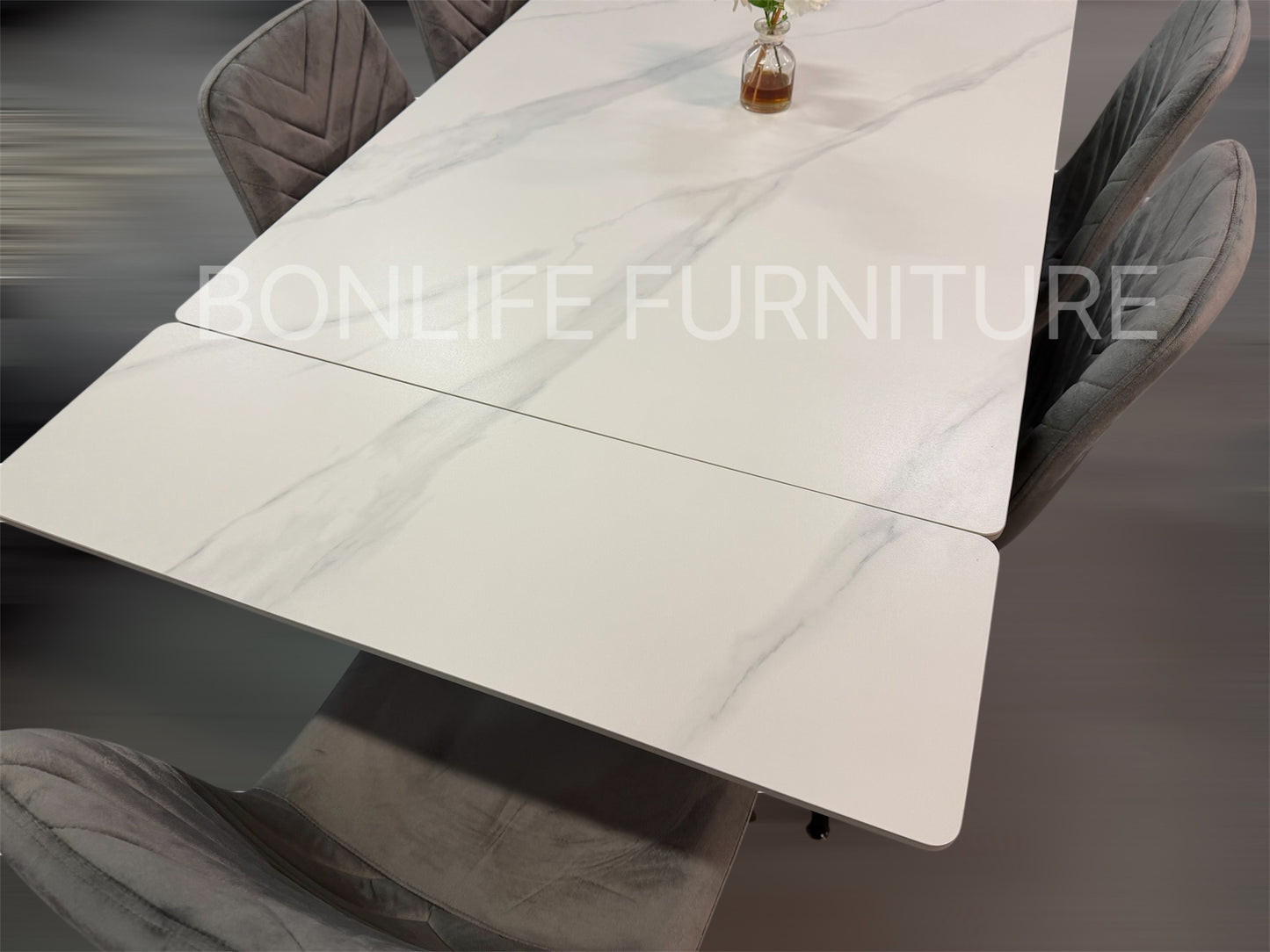 Extendable Sintered Stone Dining Table Set with Grey Velvet Chairs-I1818
