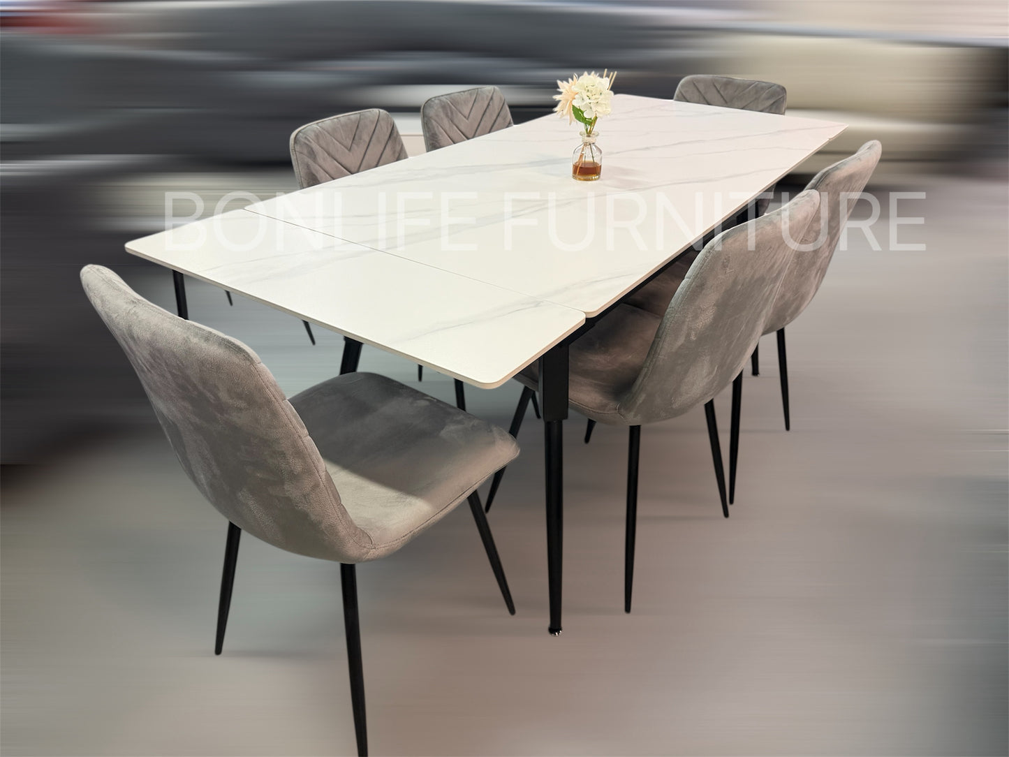 Extendable Sintered Stone Dining Table Set with Grey Velvet Chairs-I1818