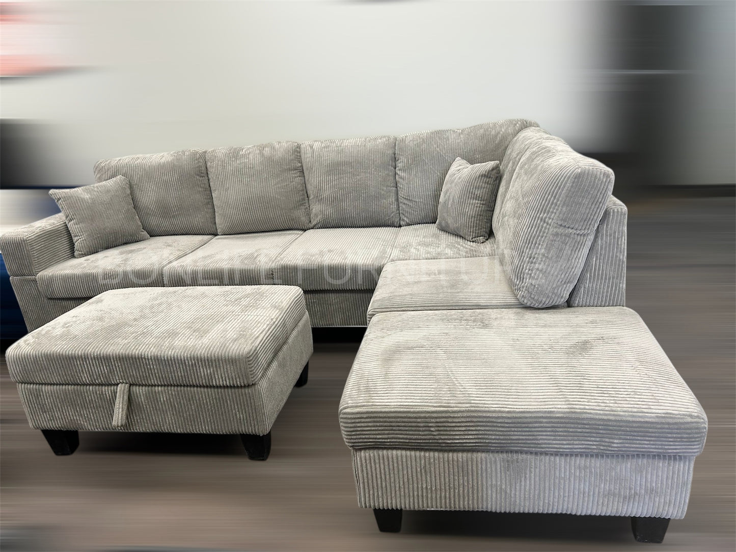 Modern Corduroy Sectional Sofa with Storage Chaise, Storage Ottoman & Drop-Down Cup Holders-D2510