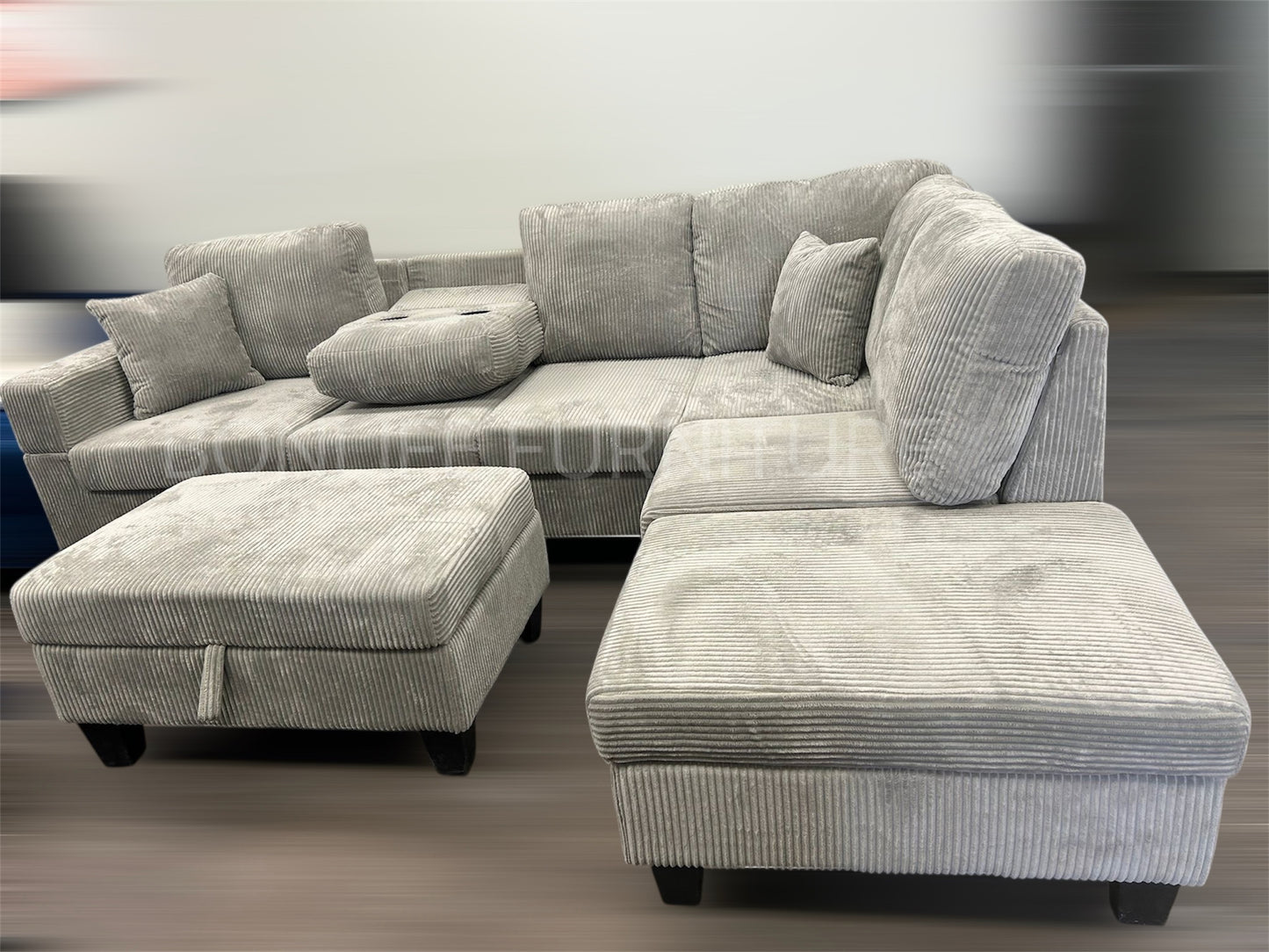 Modern Corduroy Sectional Sofa with Storage Chaise, Storage Ottoman & Drop-Down Cup Holders-D2510
