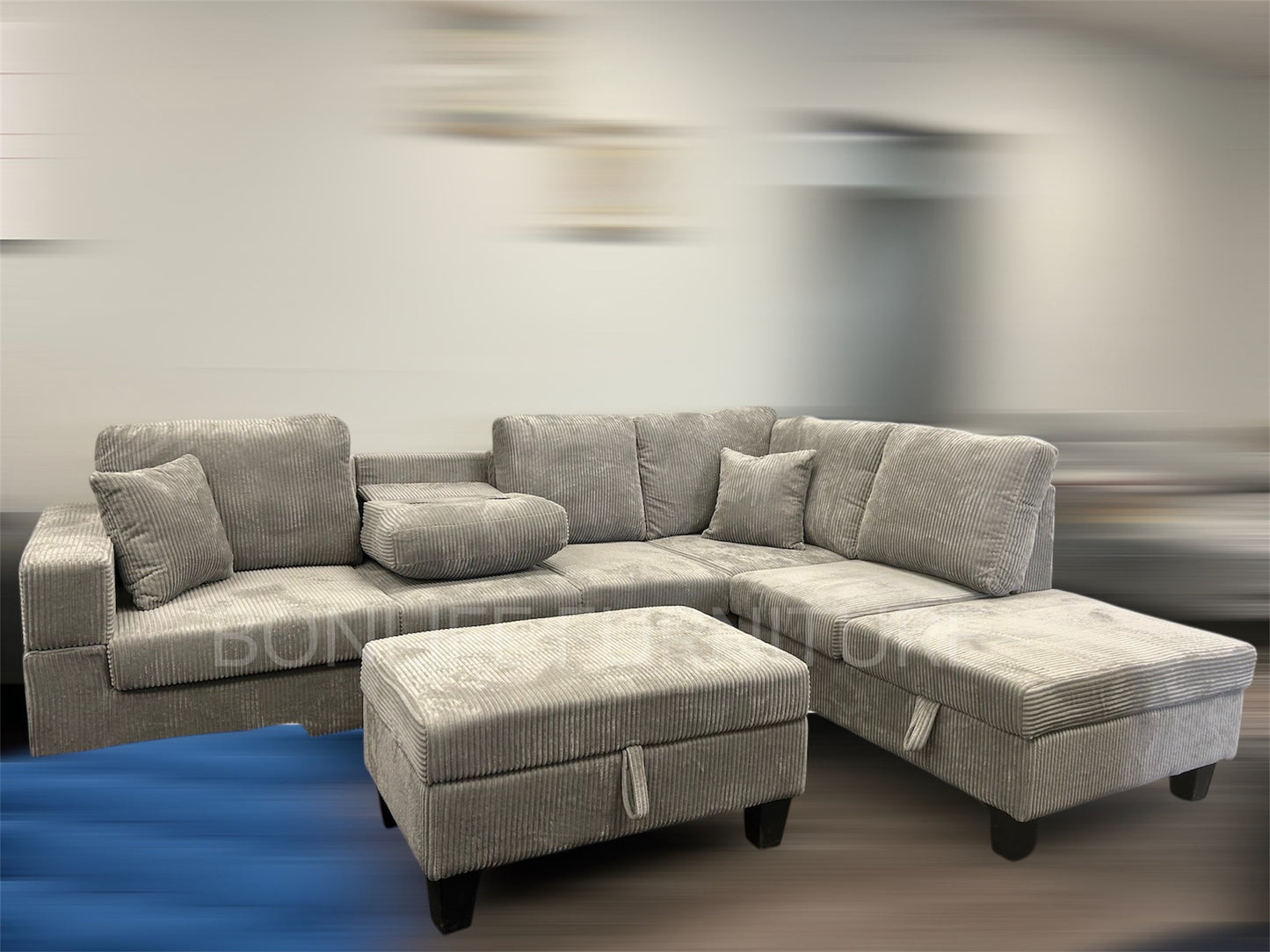 Modern Corduroy Sectional Sofa with Storage Chaise, Storage Ottoman & Drop-Down Cup Holders-D2510