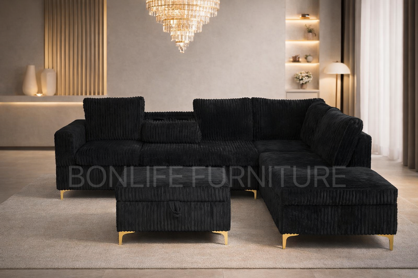 Modern Corduroy Reversible Sectional Sofa with Storage Ottoman & Cup Tray-G106