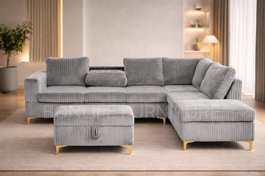 Modern Corduroy Reversible Sectional Sofa with Storage Ottoman & Cup Tray-G106