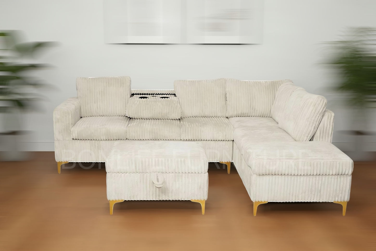 Modern Corduroy Reversible Sectional Sofa with Storage Ottoman & Cup Tray-G106