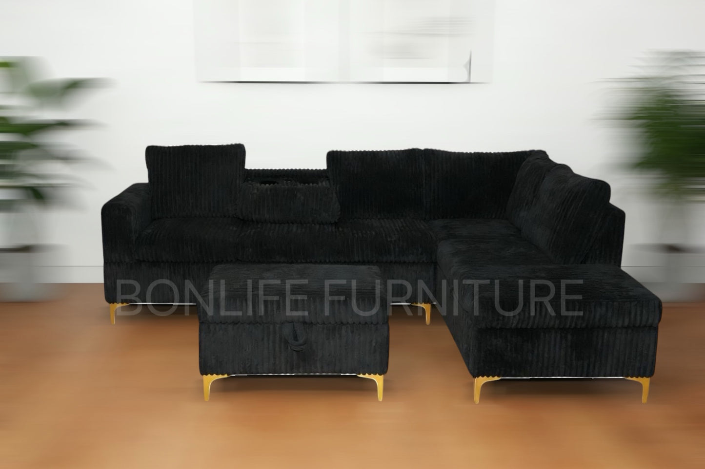 Modern Corduroy Reversible Sectional Sofa with Storage Ottoman & Cup Tray-G106