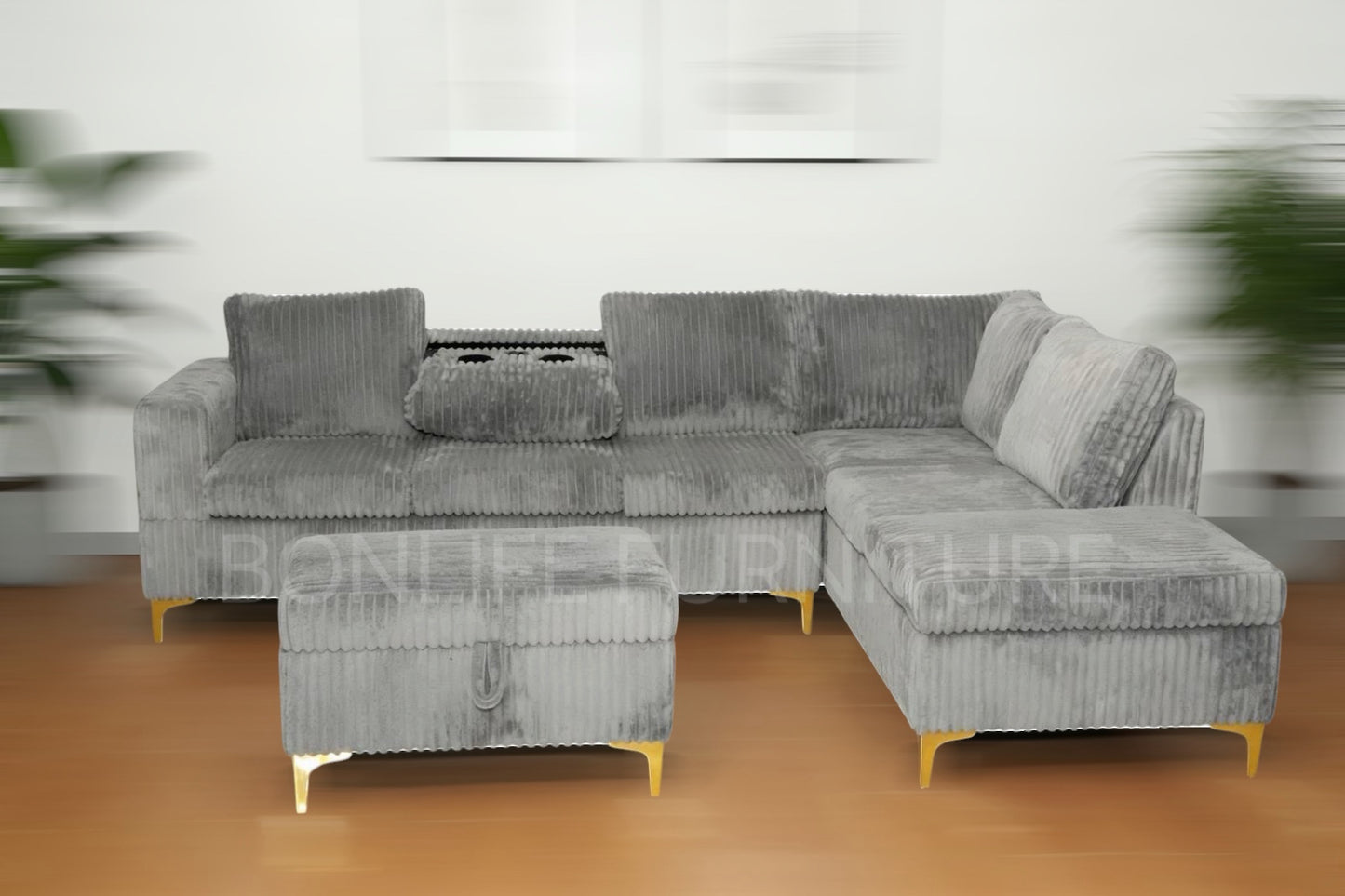 Modern Corduroy Reversible Sectional Sofa with Storage Ottoman & Cup Tray-G106