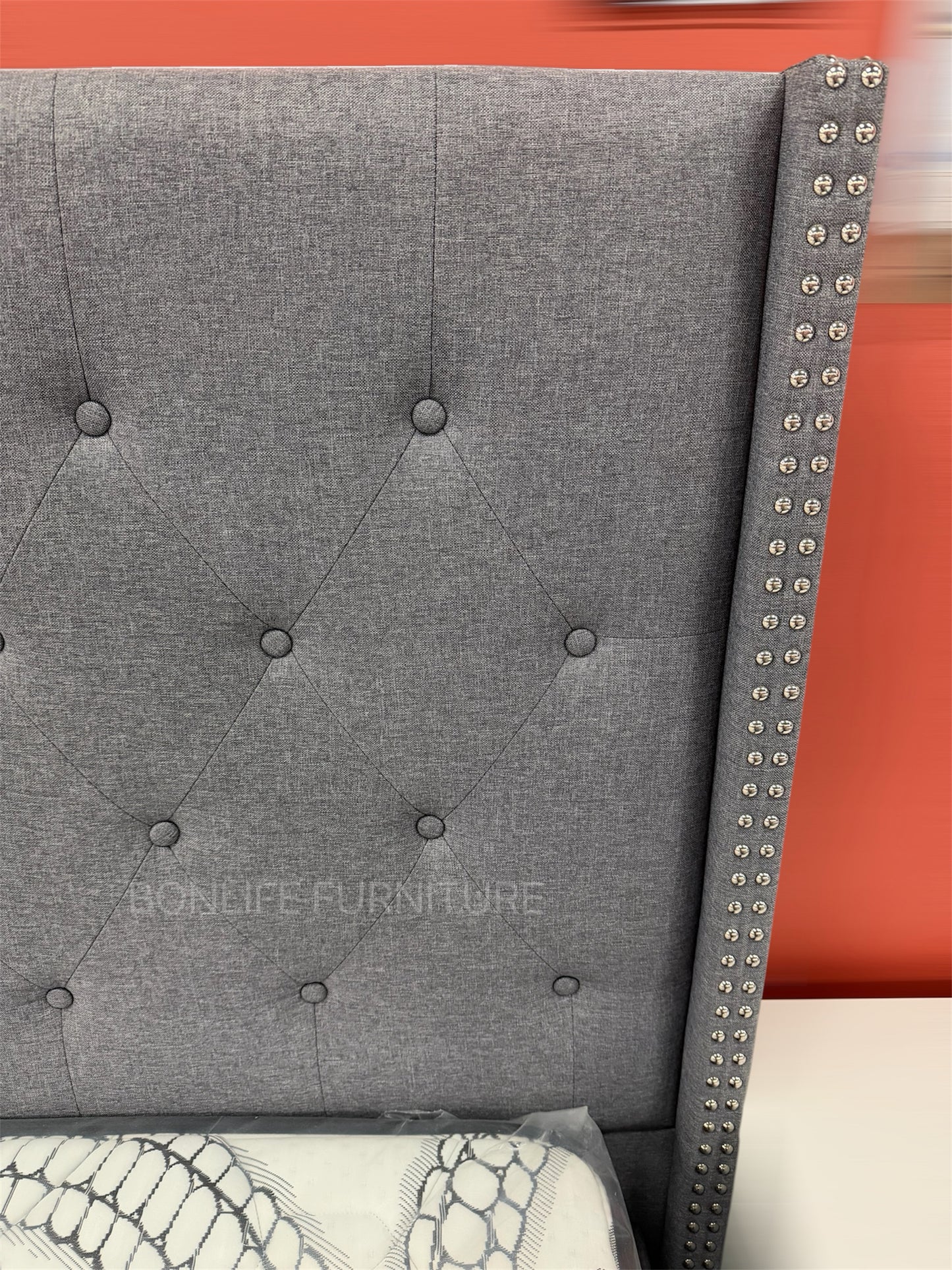 Modern Linen Platform Bed with Button Tufted Headboard & Nailhead Trim-T2352