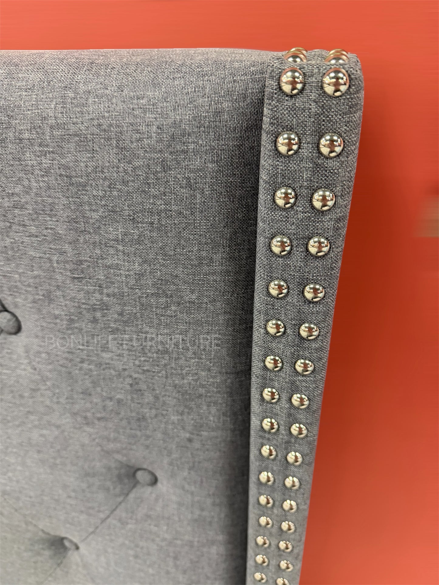 Modern Linen Platform Bed with Button Tufted Headboard & Nailhead Trim-T2352