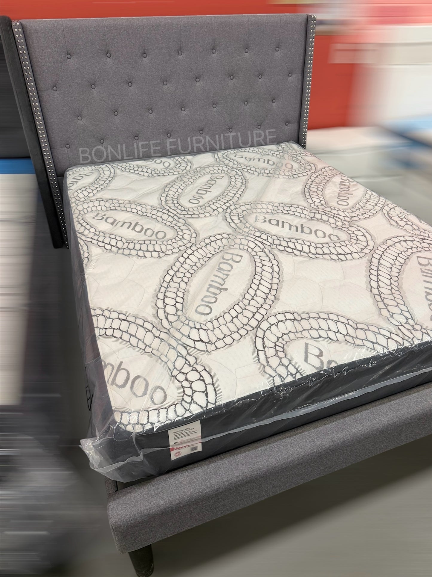 Modern Linen Platform Bed with Button Tufted Headboard & Nailhead Trim-T2352