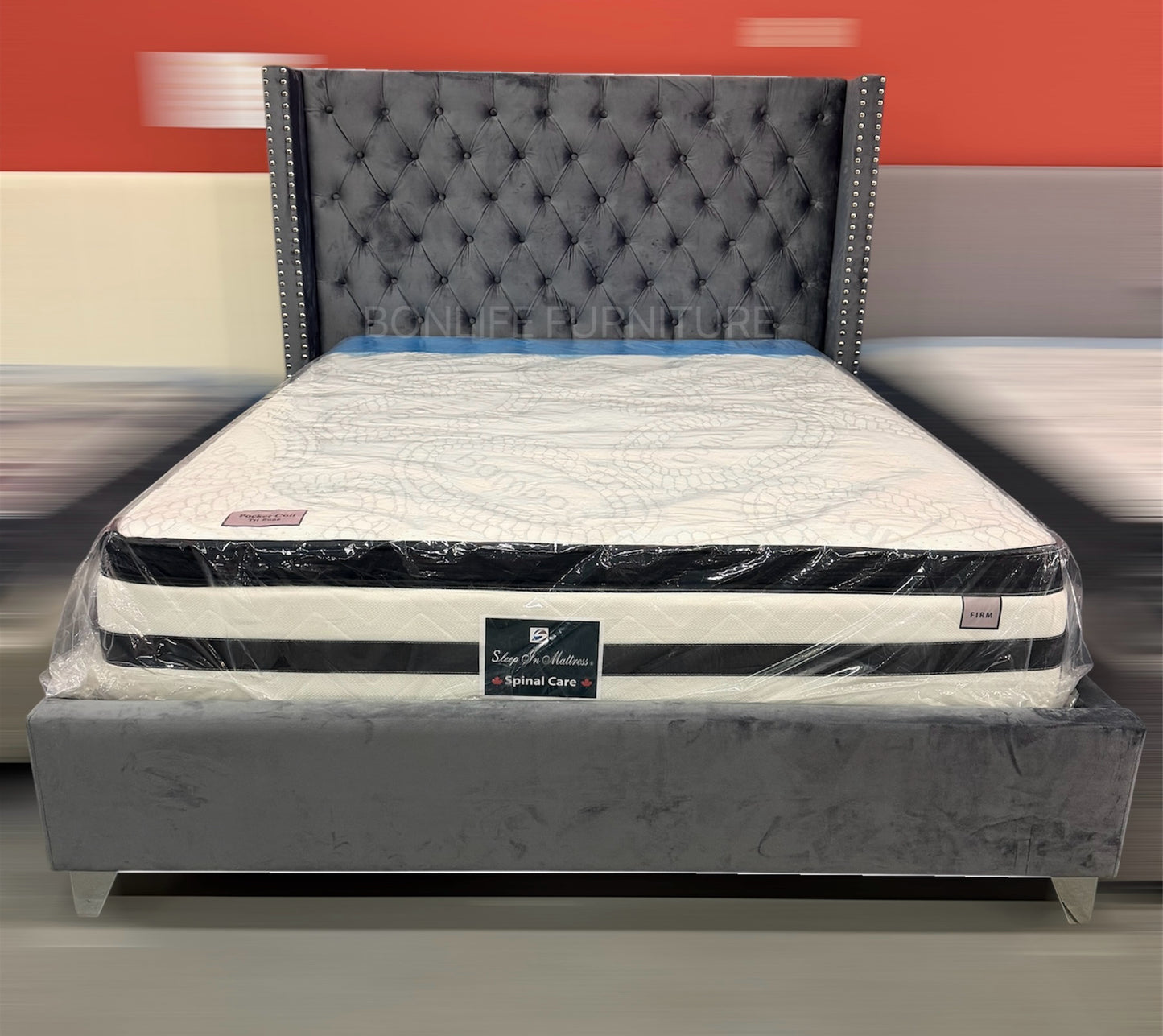 Luxury Velvet Wingback Platform Bed with Deep Tufting & Chrome Legs-T2380