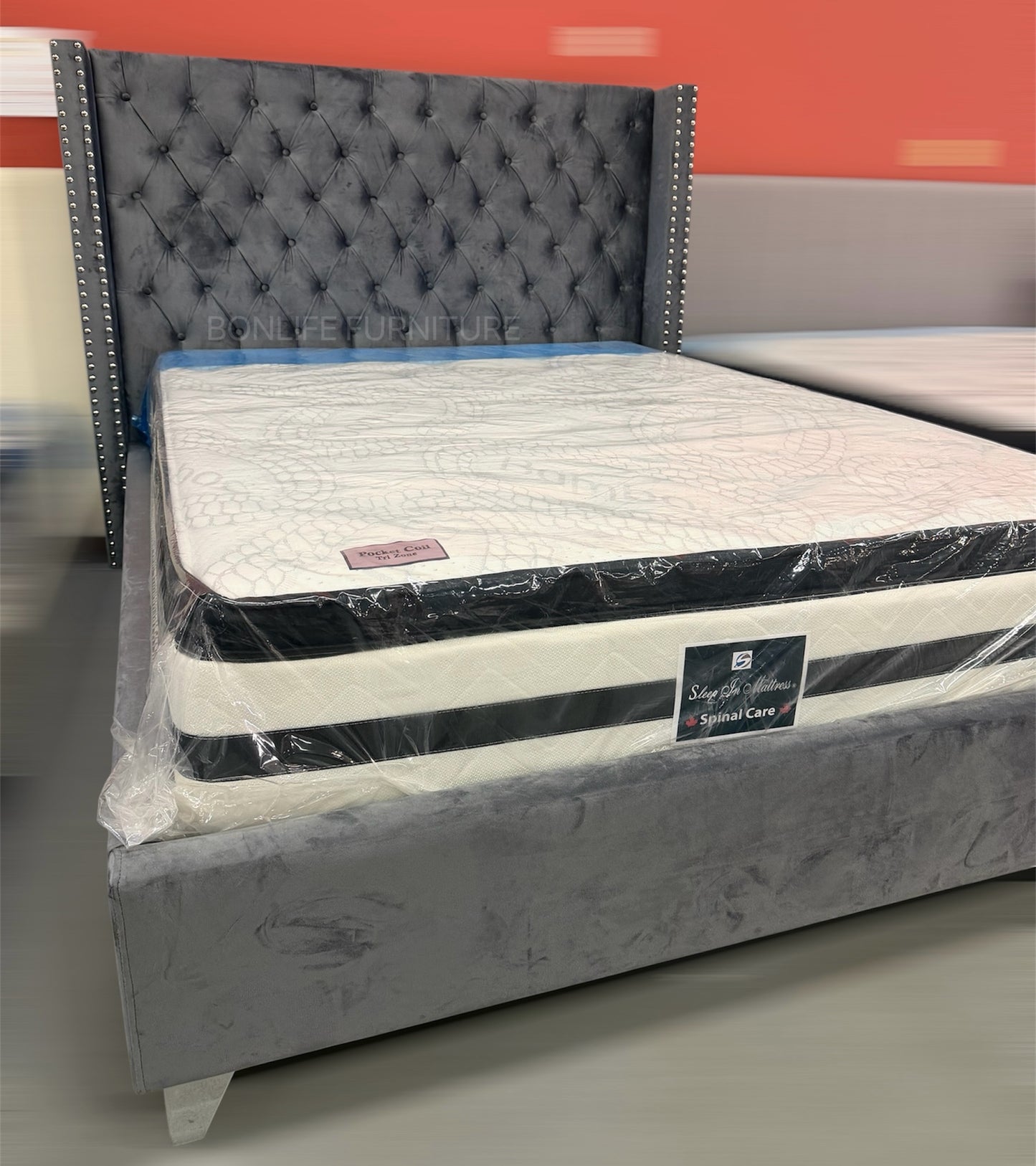 Luxury Velvet Wingback Platform Bed with Deep Tufting & Chrome Legs-T2380