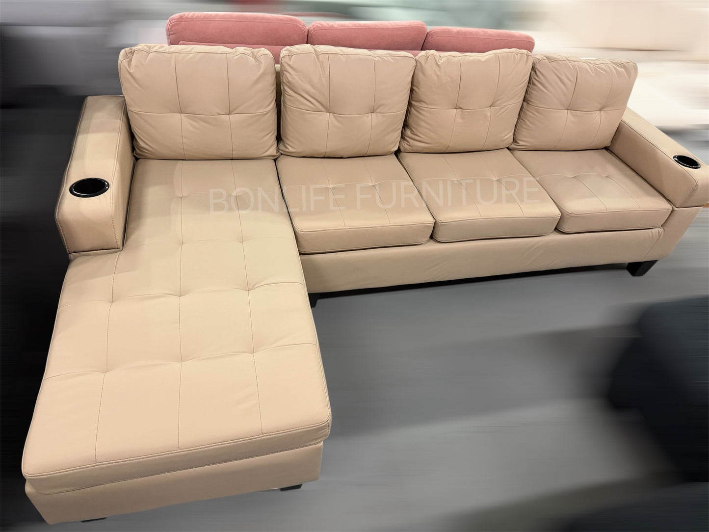 PU Leather Reversible Sectional Sofa with Cup Holders -D2022