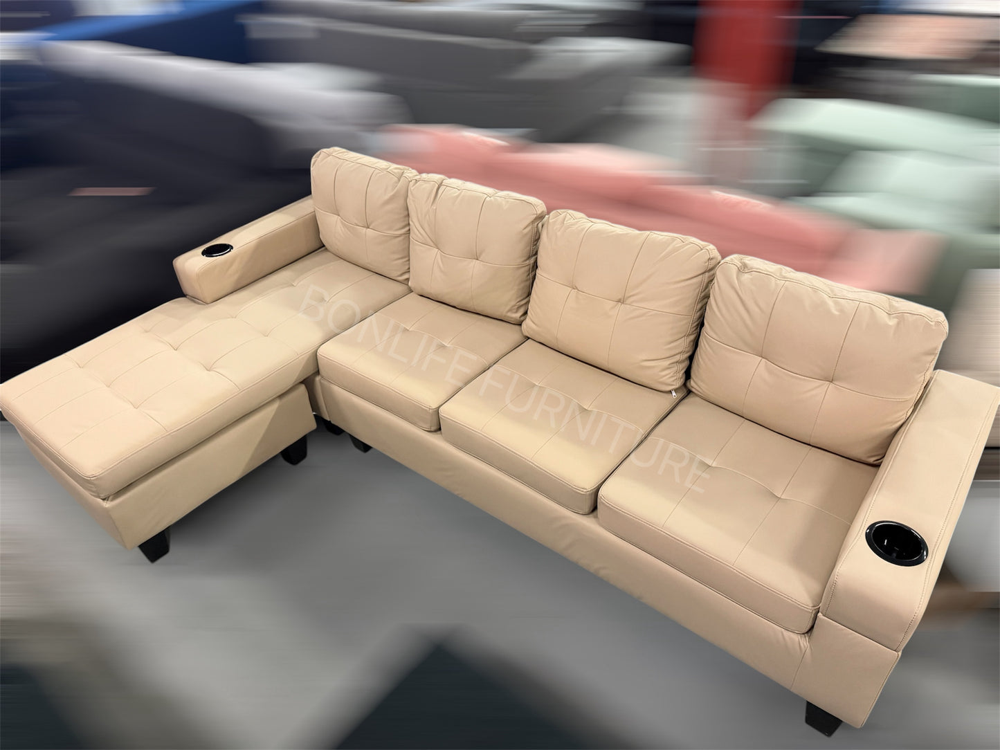 PU Leather Reversible Sectional Sofa with Cup Holders -D2022