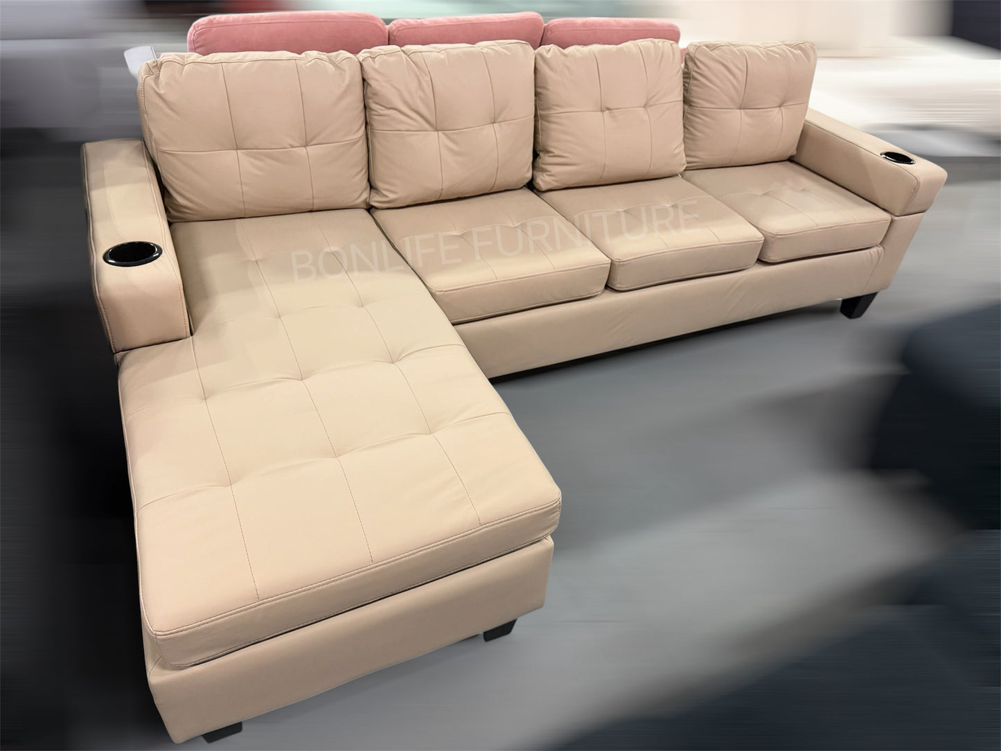 PU Leather Reversible Sectional Sofa with Cup Holders -D2022