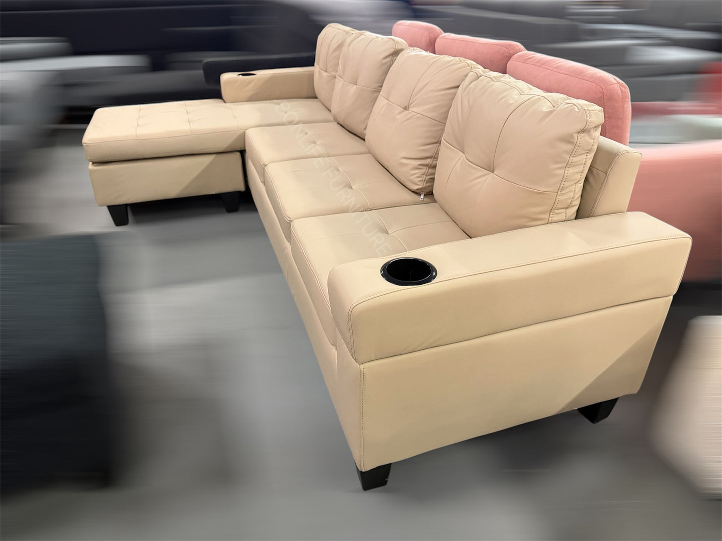 PU Leather Reversible Sectional Sofa with Cup Holders -D2022