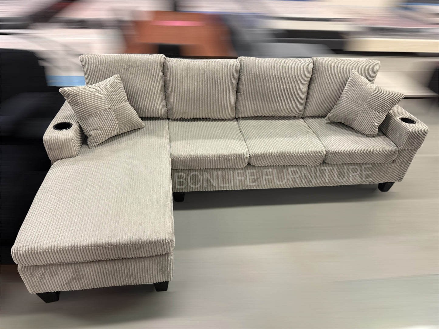 Modern Corduroy Sectional Sofa with Cup Holders-D2511