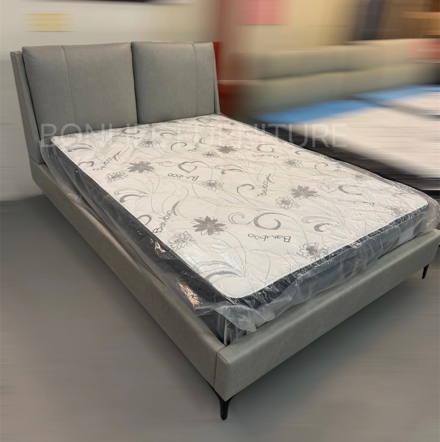 Modern Grey PU Leather Platform Bed – Padded Headboard-I5340
