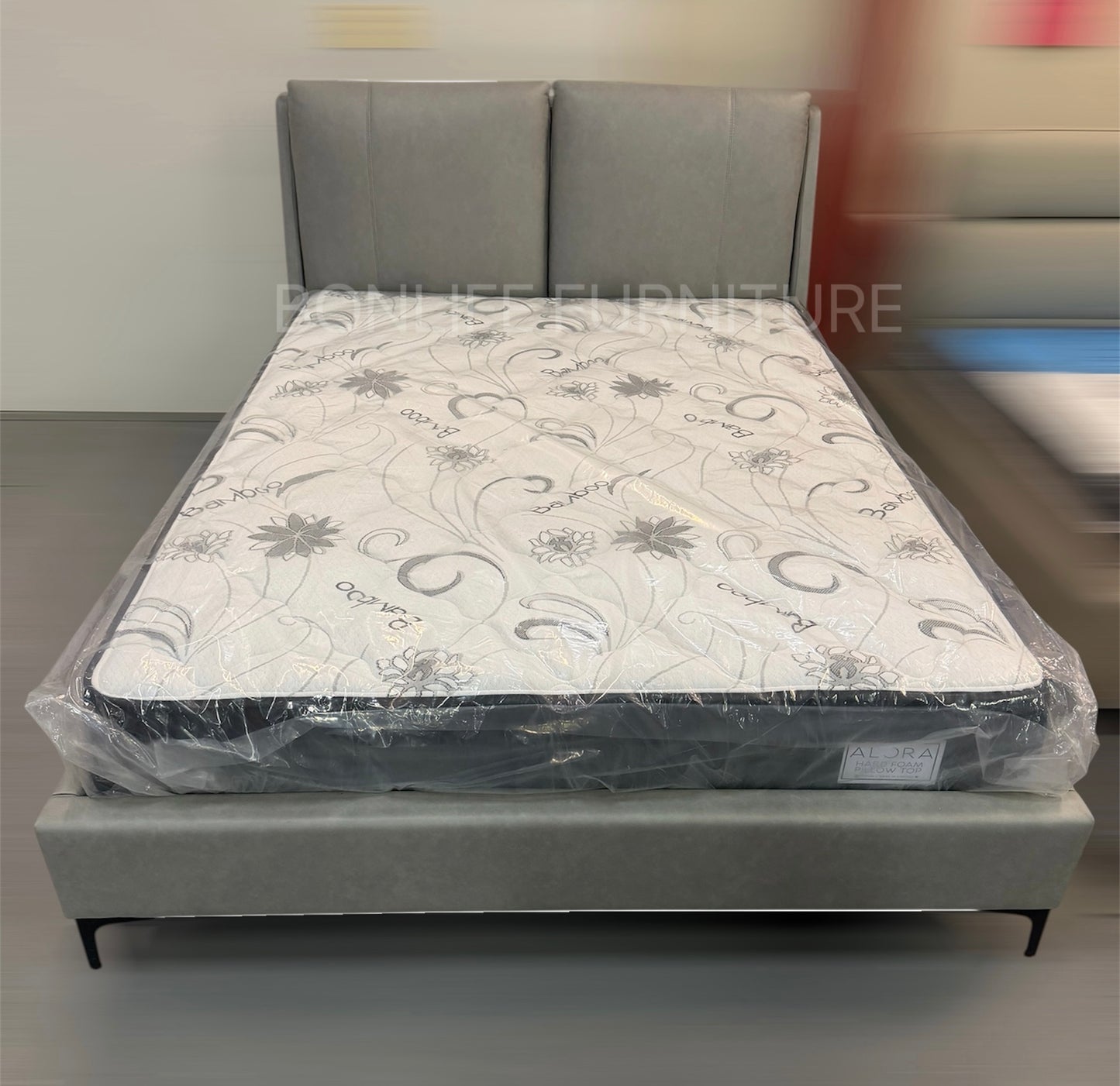 Modern Grey PU Leather Platform Bed – Padded Headboard-I5340
